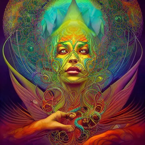 Prompt: psychedelic ayahuasca artwork of esao andrews frank peter mohrbacher, energy body, sacred geometry, esoteric art, divinity detailed, saturated colors,