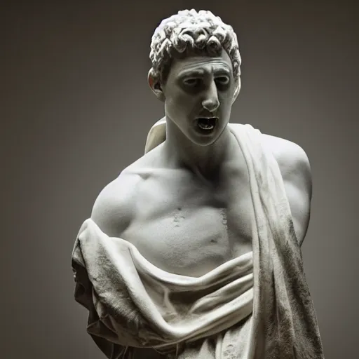 Image similar to a realistic greek white marble statue of adam sandler wearing a ghostly toga, displayed in a museum art gallery, moody, dramatic lighting, dark, photorealistic, cinematic scene, super detailed, hyper realistic, bright lights, 8 k