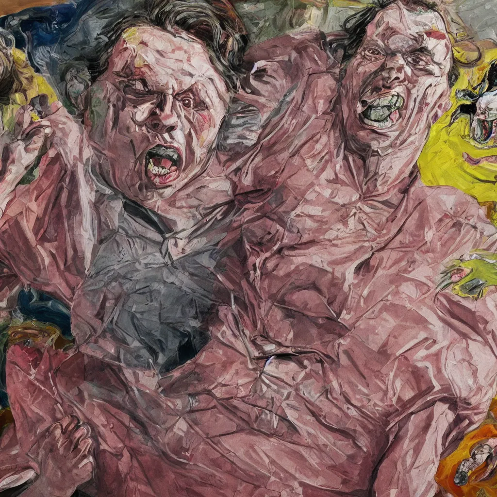 Image similar to high quality high detail painting of todd solondz portrait, tripping on lsd, showing strong fear, by lucian freud and francis bacon, hd, photorealistic lighting