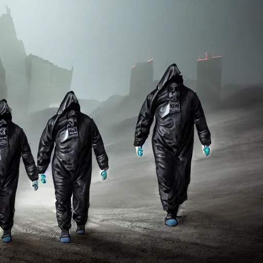 Image similar to a surreal landscape with towers in a harsh environment, two figures dressed in biohazard suits are walking, digital art