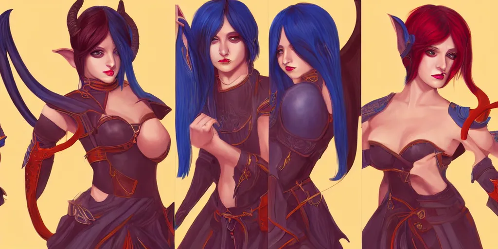 Prompt: triptych of youthful female feminine horned tiefling female bard with long blue bob cut hairstyle, her skin is orange and tanned, and her eyes are pure black orbs, and she is wearing colorful leather armor by rossdraws,