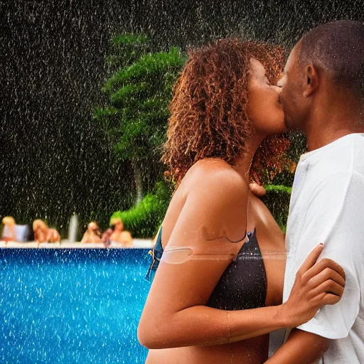 Image similar to african american man and blonde white woman kissing in the rain at a pool. digital art