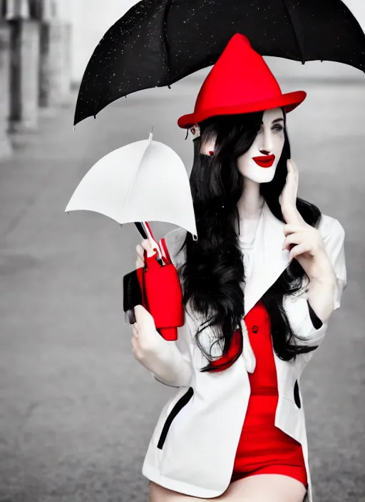 Image similar to a beautiful white pale skin girl, black and white, vibrent red lipstick, umbrella, hat