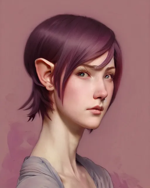 Prompt: portrait of a pink short haired till shoulder half elf with bangs, intricate, elegant, highly detailed, my rendition, digital painting, artstation, concept art, smooth, sharp focus, illustration, art by artgerm and greg rutkowski and alphonse mucha and uang guangjian and gil elvgren and sachin teng and wlop, symmetry!!