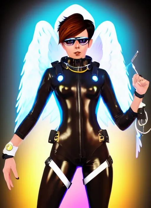 Image similar to portrait bust digital artwork of tracer overwatch, wearing iridescent rainbow latex and leather straps catsuit outfit, expressive happy face, makeup, in style of mark arian, angel wings, wearing detailed leather collar, chains, black leather harness, detailed face and eyes,