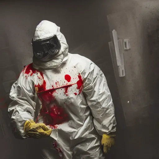 Prompt: still from the movie saw, low angle skewed shot of a man in a bloody hazmat suit, big shovel, blood, horror, award winning photo, high detail, atmospheric, 8k