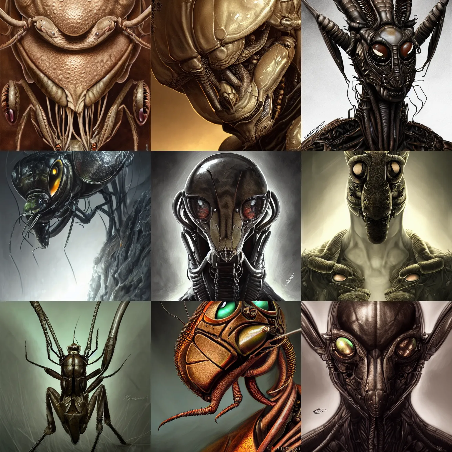 Prompt: studio portrait of anthropomorphic brownish mantis, intimidating, big compound eyes, strong, ultrafine hyperrealistic detailed face illustration, dark science fiction, intricate, highly detailed, digital painting, trending on artstation, concept art, smooth, sharp focus, darker colors, rpg rulebook illustration, art by raymond swanland