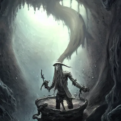 Prompt: photo of a ghostly pirate, head and torso, in a grotto, holding a sword, intricate, elegant, highly detailed, lovecraft, digital painting, artstation, concept art, smooth, sharp focus uhd 8 k, dark, atmospheric, paul carrick