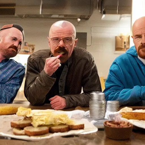 Image similar to walter white and jesse pinkman eating hamburger