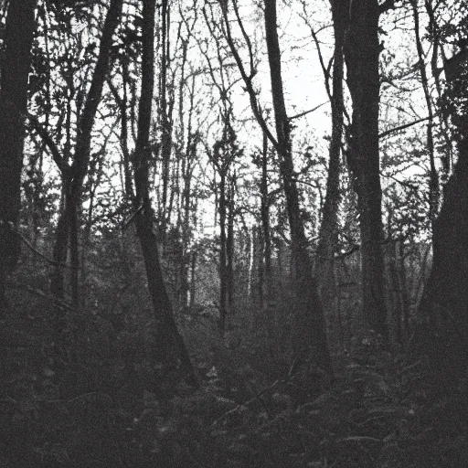 Image similar to grainy trail cam photo still of an alien in the woods at night hiding in the trees of a forest