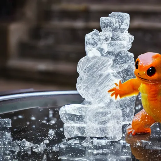 Prompt: clear ice sculpture of charmander, photography