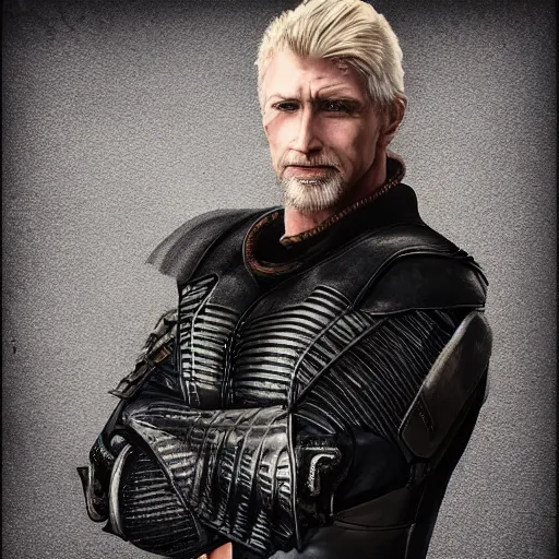 Image similar to concept art, portrait, 50 years old men, blonde, blue eyes, lite leather armor, friendly, high detail, digital art, realistic