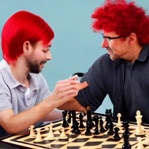 Prompt: a beautiful man wearing a red wig playing chess with an older janitor. baroque. high quality artgem trending fantastic exquisite