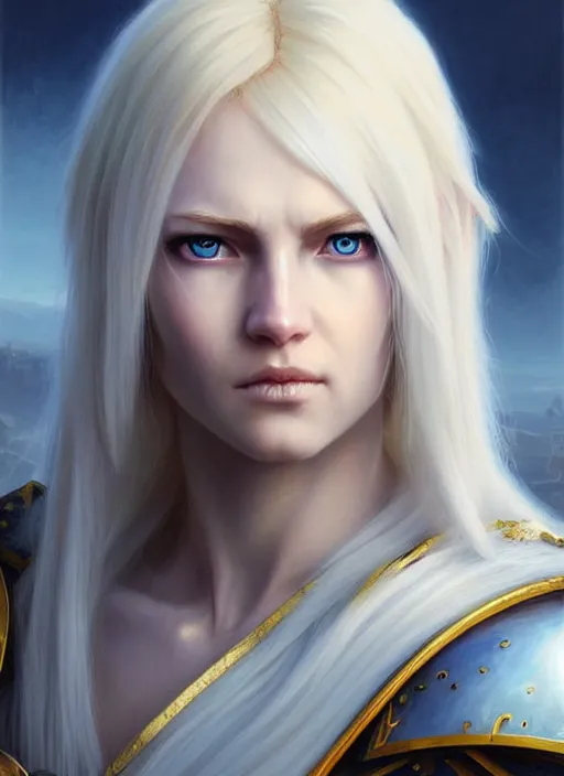 Image similar to a _ fantasy _ style _ portrait _ painting _ of shy white female paladin with blonde hair and blue eyes shy, scar under left eye, holy oil _ painting _ unreal _ 5 _ daz. _ rpg _ portrait _ extremely _ detailed _ artgerm _ greg _ rutkowski _ greg