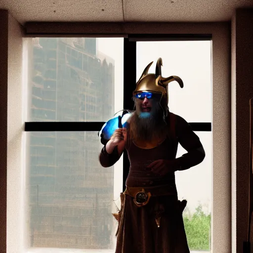 Prompt: a man in a horned viking helmet with blue sunglasses throwing a computer out of a window, octane render, unreal engine, dark lighting