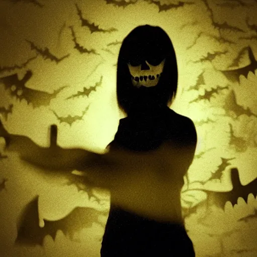 Image similar to A selfie of a woman in a dark room, with a spooky filter applied, with a figure in the background, reaching out towards the camera, in a Halloween style.