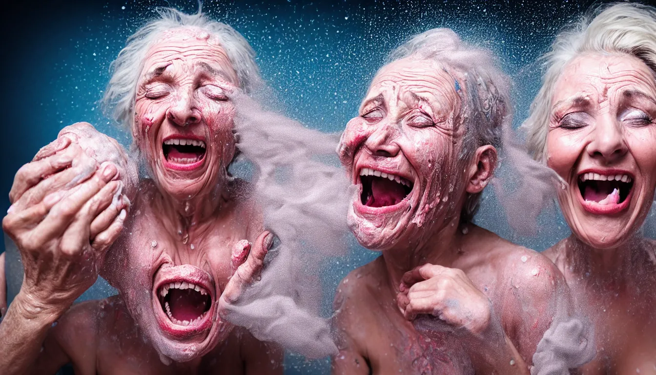 Image similar to o hyper realistic photo of a weathered old man with a beautiful woman's screaming face, feedback loop, burst of powders, spraying liquid, volumetric lighting, twisting vapour, bellowing dust, emerging hands, full colour, upscale, 4 k