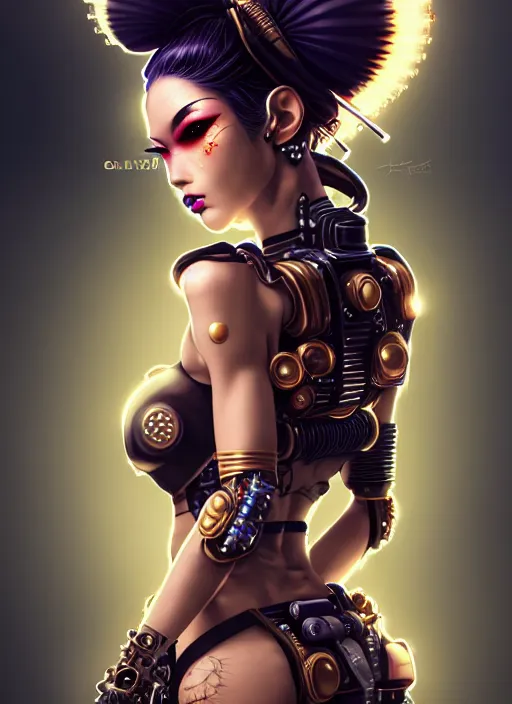 Image similar to soft lustrous ebony seductive geisha raver gutter punk steampunk cyborg, golden ratio, details, scifi, fantasy, cyberpunk city, intricate, decadent, highly detailed, digital painting, octane render, artstation, concept art, smooth, sharp focus, illustration, art by artgerm, loish, wlop
