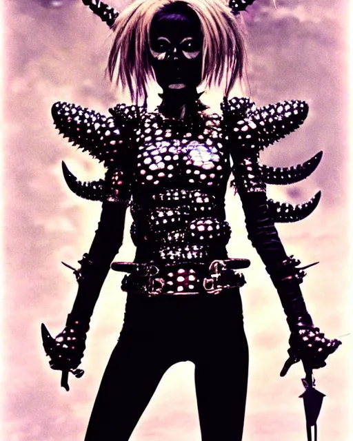 Image similar to portrait of a skinny punk goth yayoi kusama wearing armor by simon bisley, john blance, frank frazetta, fantasy, thief warrior, sparkles glitter