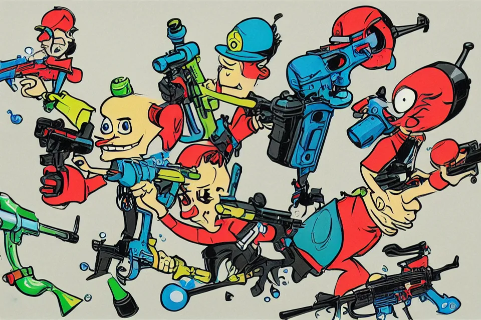 Image similar to 3 concept illustrations supersoaker water guns, by jamie hewlett