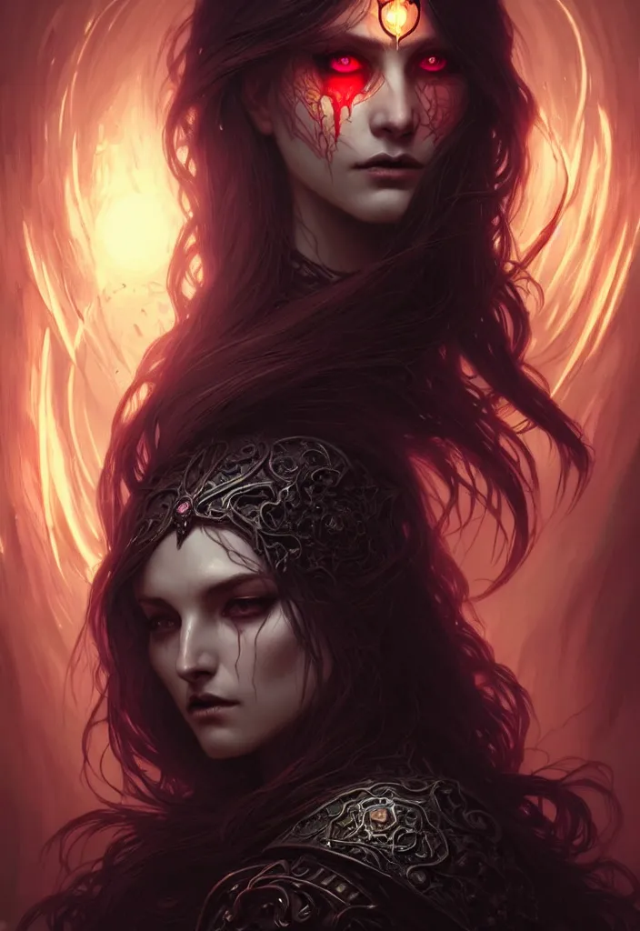 Image similar to Necromancer Sorceress face in center, fantasy magic, undercut hairstyle, dark light night, intricate, elegant, sharp focus, illustration, highly detailed, digital painting, concept art, matte, art by WLOP and Artgerm and Greg Rutkowski and Alphonse Mucha, masterpiece