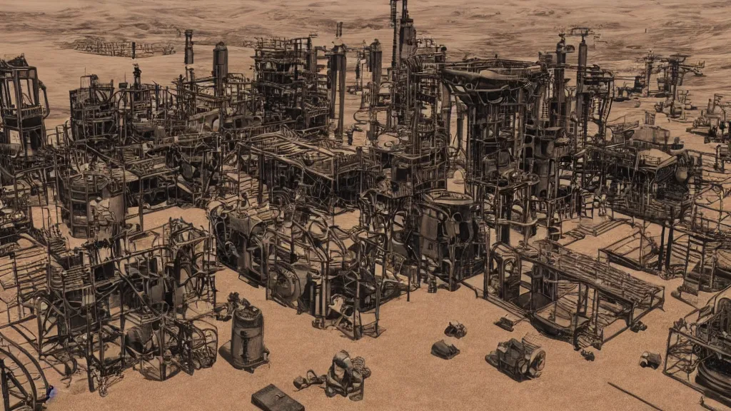 Prompt: steampunk factory in the middle of the desert