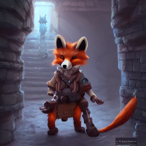 Image similar to an anthropomorphic furry Fox explores a Dungeon, Artstation