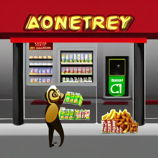 Image similar to A monkey buy some snacks at seven eleven, photorealistic