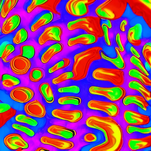 Prompt: creative coding digital illustration of multiple brightly coloured wobbly blobs, as they overlap their colours blend irradiating the colours in all directions, grainy texture