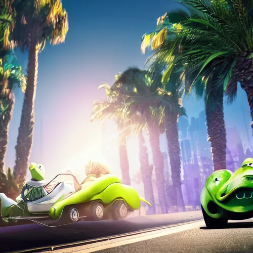 Prompt: kermit driving a mercedes, wlop, palm trees, cinematic lighting, hyperdetailed, 8 k realistic, symmetrical, global illumination, radiant light,, frostbite 3 engine, cryengine, dof, trending on artstation, digital art, chanel