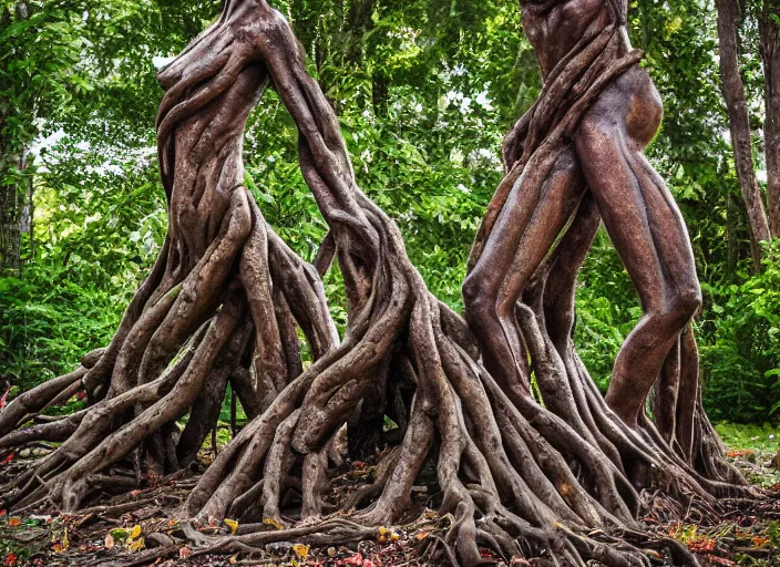 Prompt: dslr esculpture made from roots interwovem in the shape of a woman, 2 4 mm f 1. 8