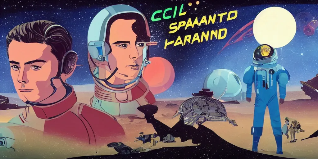 Prompt: animated sci fi a headshot portrait of Alain Delon pilot in spacesuit in pacing on field forrest space station landing laying lake artillery outer worlds shadows in Gandahar FANTASTIC PLANET La planète sauvage animation by René Laloux