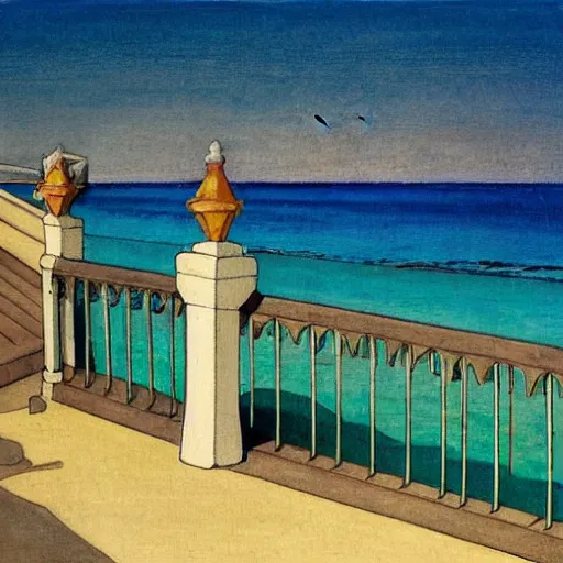 Image similar to Balustrade with a beach on the background, a colab between studio ghibli and paul delaroche