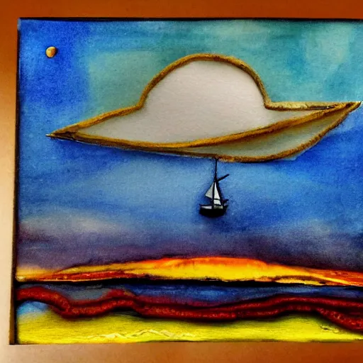 Image similar to a sailboat flying in the sky by night, mixed media, whimsical,