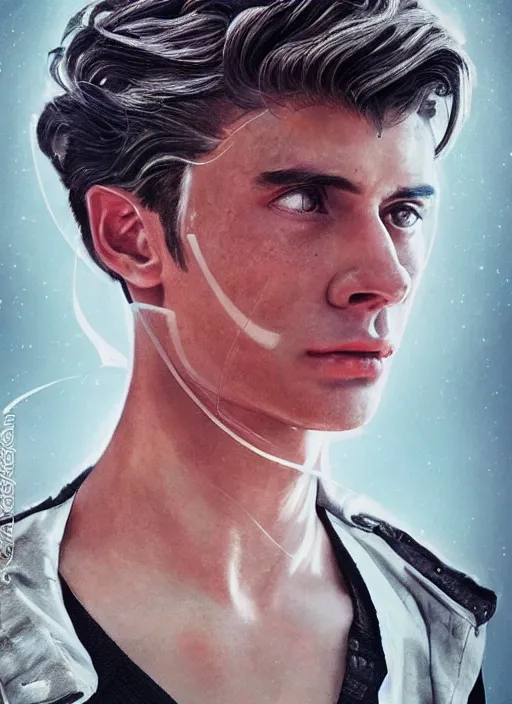 Image similar to a highly detailed long shot photo of masculin male face portrait, futurism, rococo cyber neon lighting, detailed futuristic fibonacci jewelry, profile posing, hyper photorealistic, crispy quality, digital photography, trending in pinterest, cinematic, 4 k ultra hd, art by pascal blanche, art by greg rutkowski, art by artgerm,