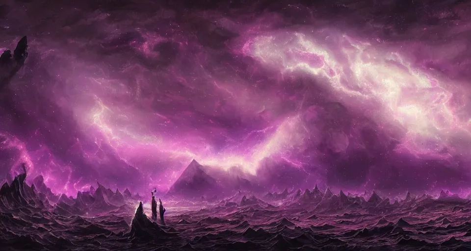 Image similar to black lovecraftian eldritch!! obsidian! pyramid!! surrounded by dark stormy sea, cosmic purple space!, bright stars, nebula, sky background by eugene von guerard, ivan shishkin, night, concept art, trending on artstation, 8 k