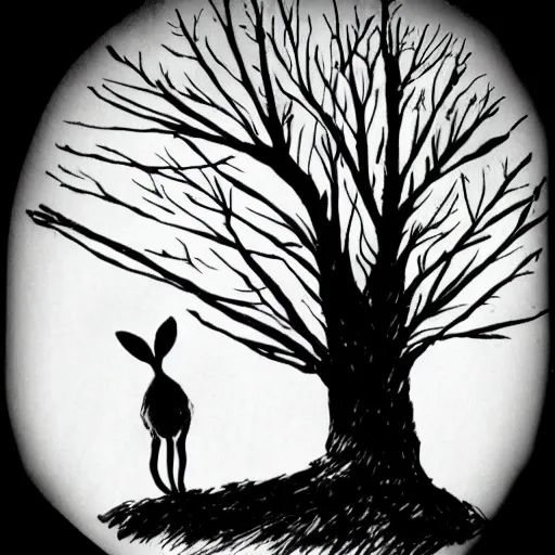 Prompt: milt kahl pen and ink sketch of a rabbit silhouette standing by a tree in the forest facing away disney style