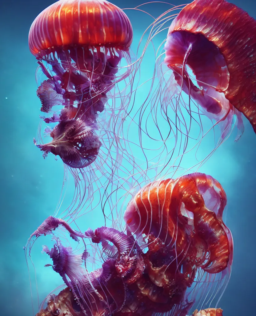 Image similar to human thorax, rib cage, ribs jellyfish phoenix head, nautilus, orchid, skull, betta fish, bioluminiscent creatures, intricate artwork by Tooth Wu and wlop and beeple. octane render, trending on artstation, greg rutkowski very coherent symmetrical artwork. cinematic, hyper realism, high detail, octane render, 8k