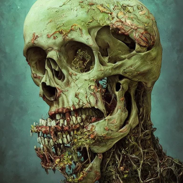 Image similar to A beautiful oil painting hyperrealism of a decayed zombie head, rotting clay skin, skull bones, veins of moss, 8k resolution, octane render, Trending on artstation, by Gediminas Pranckevicius, volumetric light 2blue fractal Thunder glow by dan mumford, anaglyph effect, Laurie Lipton