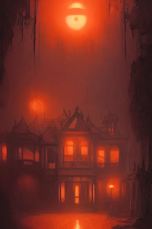 Prompt: A Victorian House of The Void with big orange eyeballs staring out from the windows, Red and Orange colored, Lovecraftian, 4k, masterpiece, cinematic, glowing, by Greg Rutkowski, Trending on Artstation, Behance. Polished. Eldritch