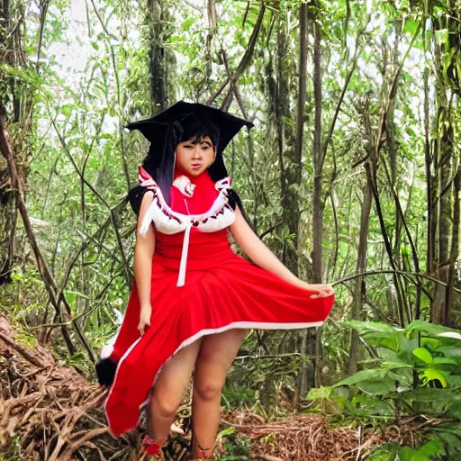 Image similar to a ponzi emiliano of reimu in the jungle wearing bonnet