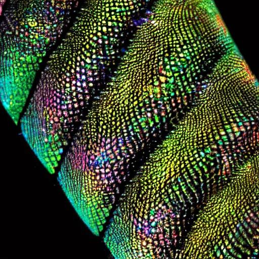 Prompt: an intricate closeup of iridescent dragon scales, 4k photography, blacklight