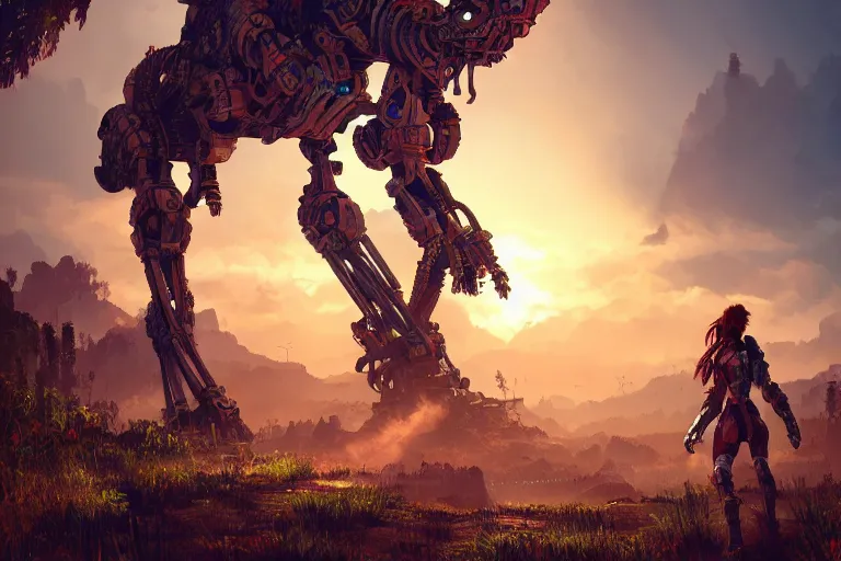 Image similar to tallneck machine mecanical creature robot of horizon forbidden west horizon zero dawn bioluminiscence global illumination ray tracing hdr fanart arstation by ian pesty and alena aenami artworks in 4 k