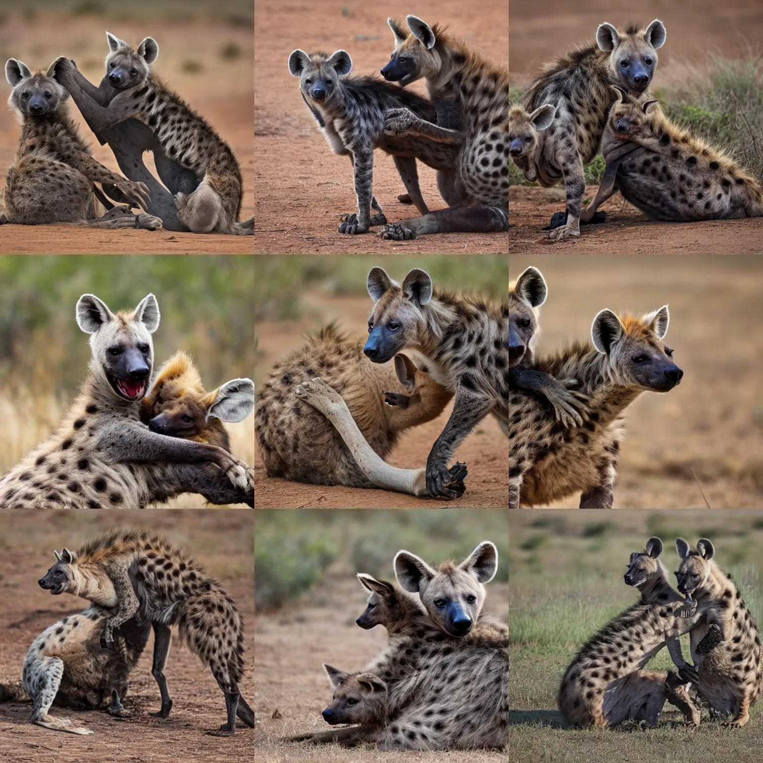 Prompt: a hyena hugging a kangaroo