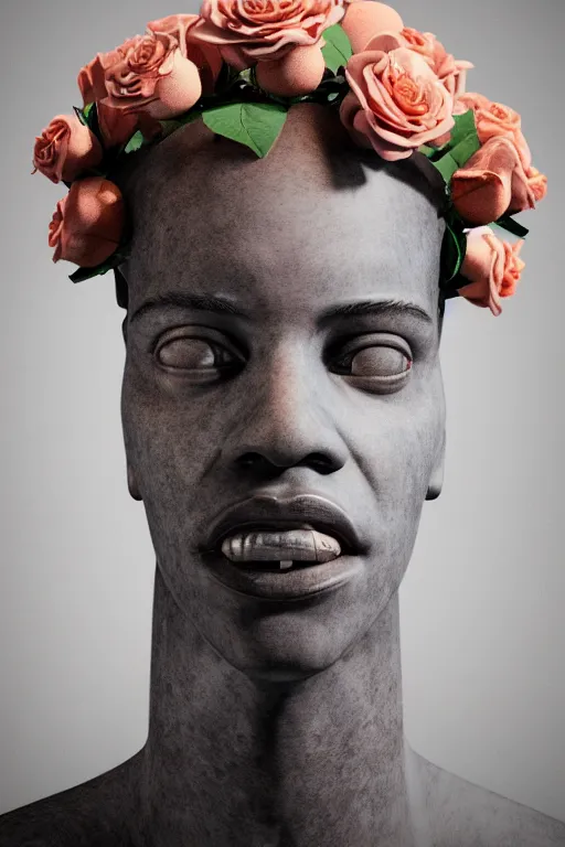 Prompt: beautiful marble bust of basquiat wearing a crown full of peach and white roses and hands reaching to the sky. rococo style decorations, background heavenly sky, marble columns, Trending on artstation. halo. octane render, cinematic, hyper realism, octane render, 8k, depth of field, 3D