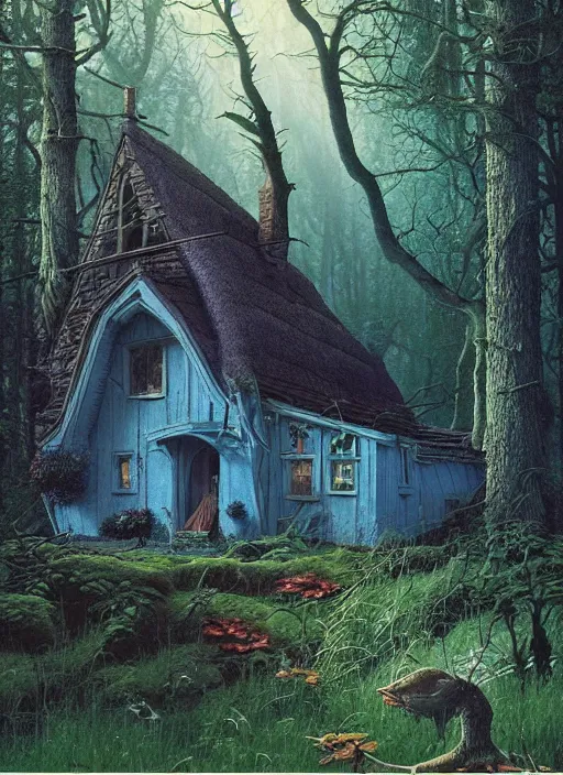 Prompt: hyper realistic witch cottage with mood lighting and technology in the woods gorgeous lighting, sunbeams blue sky, highly detailed, lush forest foliage painting by zdzisław beksinski and norman rockwell and greg rutkowski weta studio, and lucasfilm