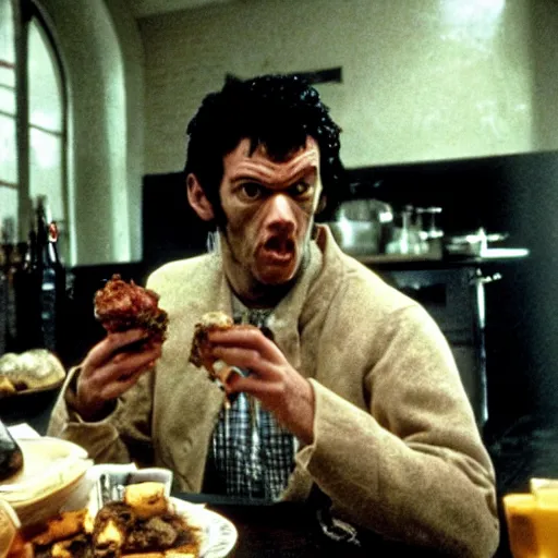 Prompt: film still of a funny looking werewolf with his hand extended, looking at food, in an american werewolf in london