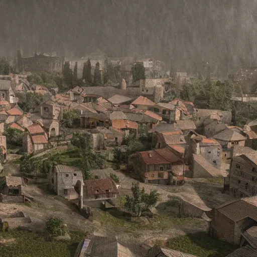 Image similar to the center of a poor medieval town under heavy rain at late dawn, in a valley, surrounded by mountains, highly detailed, octane render, ultra detailed cinematic, 8 k, widescreen, hd