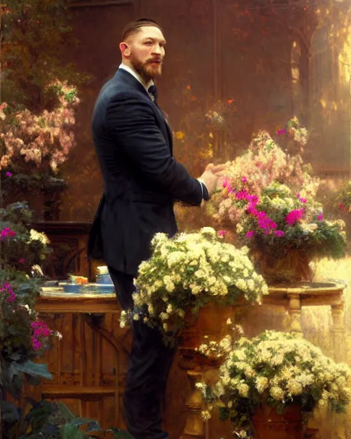 Prompt: tom hardy admiring a table full of flowers, golden hour painting by gaston bussiere, craig mullins, j. c. leyendecker