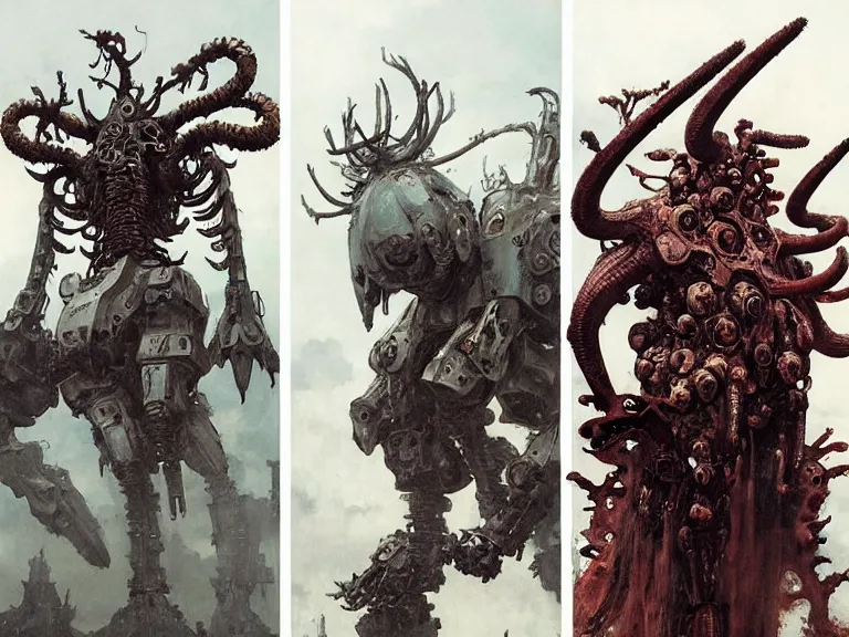 Image similar to still frame from Prometheus by Jakub Rozalski and utagawa kuniyoshi, infinite Hell Scape with gigantic khorn mecha demon and ornate bio cyborgs by Wayne Barlowe by peter Mohrbacher by demizu posuka by Sui Ishida, dressed by Alexander McQueen and by Neri Oxman, metal couture hate couture editorial